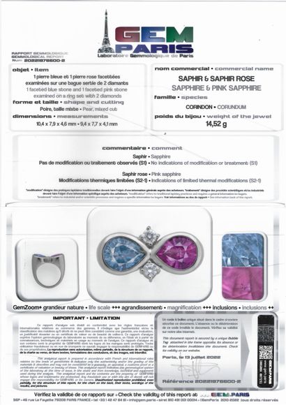 null Vous Moi ring in 18k white gold set with a pink sapphire and a pear cut blue...