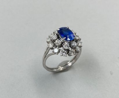 null 18k white gold ring set with an oval sapphire of about 2.50 cts in a double...