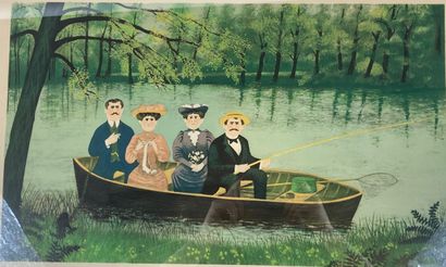  Fernand BOILAUGES (1891-1991) 
Famille sur une barque 
Lithographie, signée en bas...