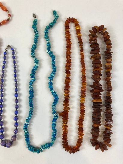 null Lot of costume jewelry including 7 necklaces: two amber necklaces, a necklace...