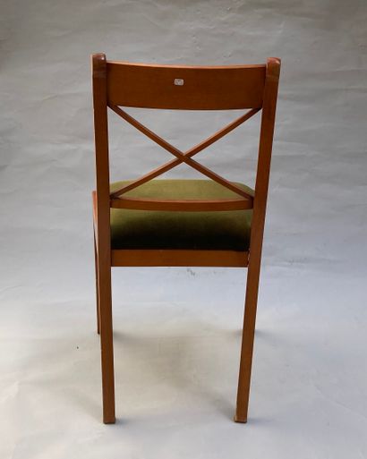 null Four chairs with frames in varnished wood, back with openwork cross. Upholstery...
