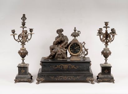 null Important mantelpiece in bronze with brown patina representing a seated troubadour...