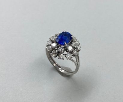 null 18k white gold ring set with an oval sapphire of about 2.50 cts in a double...