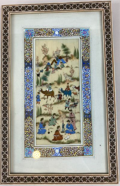 null Set of three Persian miniatures, representing a scene of jousting on horseback,...