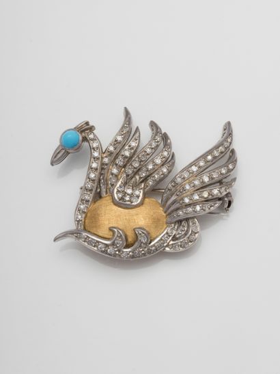 null 18k gold brooch representing a stylized swan, the wings and neck formed by lines...