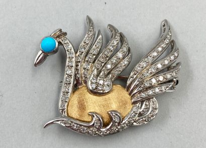 null 18k gold brooch representing a stylized swan, the wings and neck formed by lines...