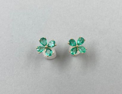 null Pair of 18k yellow gold flower earrings, the petals formed by 4 pear cut emeralds...