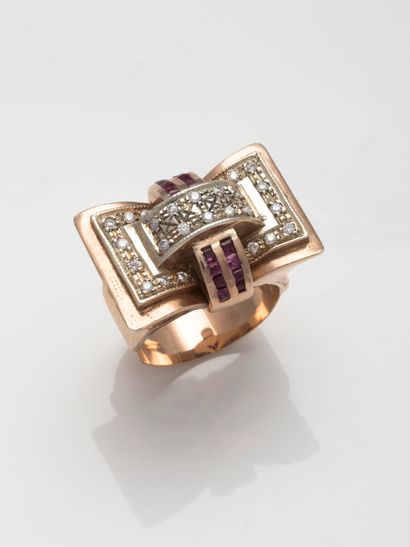 null 
Tank ring in 14k rose gold and silver forming a knot decorated with diamonds...