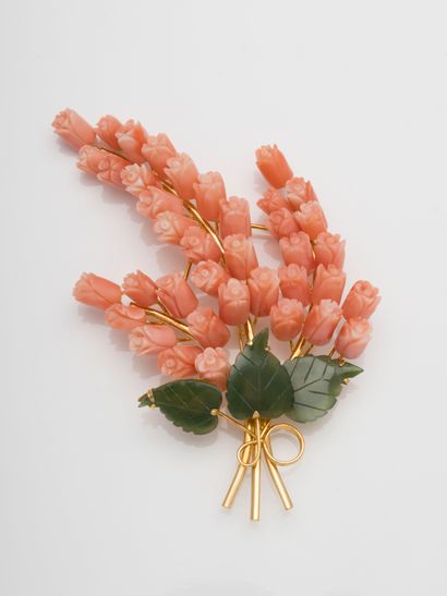 null Lily of the valley brooch in gilt metal decorated with carved coral bells and...