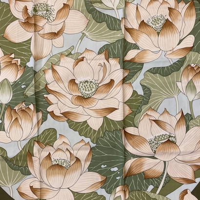 null HERMÈS Paris.

Printed silk square titled "Lotus Flowers", with green dominance.

Good...