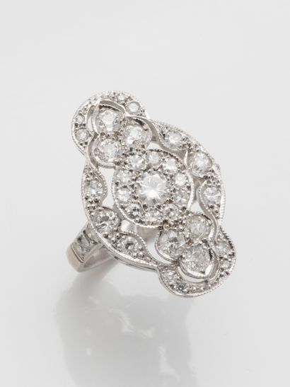 null Marquise ring of lanceolate form and openwork in white gold paved with diamonds...