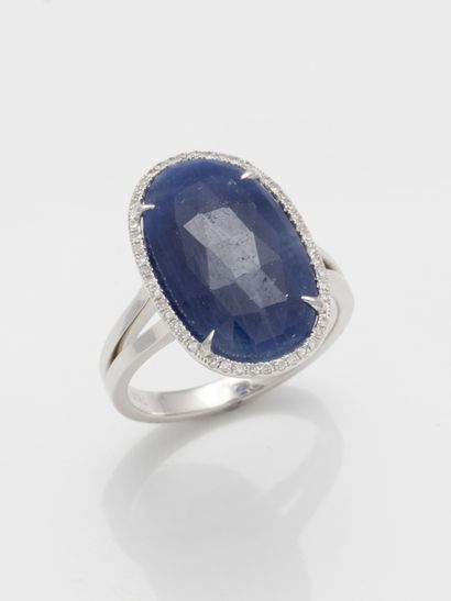 null 18k white gold ring set with an 8ct faceted sapphire surrounded by a line of...