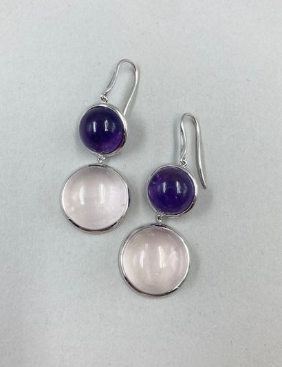 null Pair of 18k white gold earrings, each holding an amethyst cabochon and a rose...