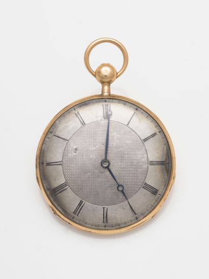 null Pocket watch in 18k yellow gold. Steel dial with Roman numerals for the hours,...