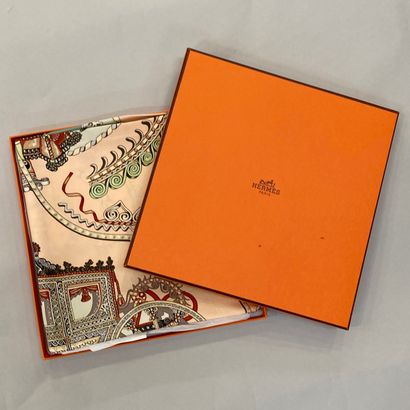 null HERMÈS Paris.

Printed silk square titled "Paperolles", salmon background and...