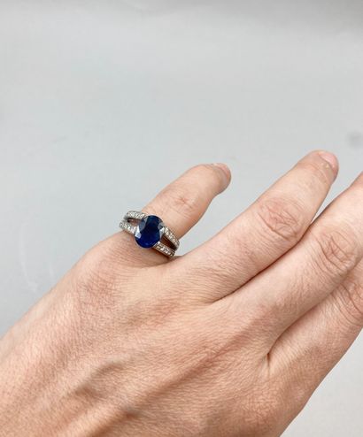 null 
Bague en or blanc 18k ornée d'un saphir de 3cts environ accosté de deux lignes...