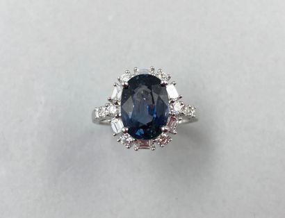 null Marquise ring in 18k white gold surmounted by a natural sapphire of 3.73cts...