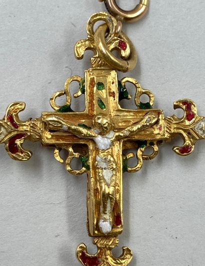 null 
Rare cross pendant reliquary 18k yellow gold chased enamel. On the face is...