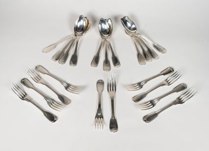 null Lot including ten forks and eleven soup spoons in silver net model. Minerve...