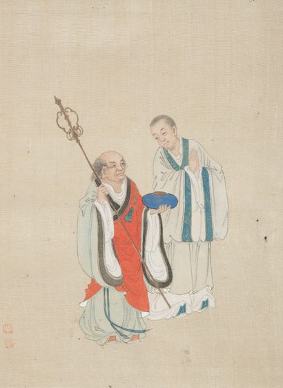 null CHINA, Qing dynasty (1644-1912)

Two paintings of arhats. Polychrome and gilded...