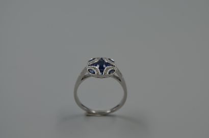 null 18k white gold ring topped by a geometric design centered on an oval sapphire...