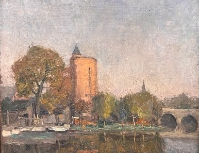 null Léon MECHELAERE (1880-1964)
Vue de Bruges 
Huile sur toile maroufflée sur carton...