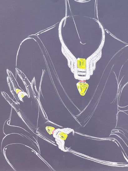 null Philippe DELOISON (XXth)
Drawing set, diamonds and yellow sapphires
Gouache...
