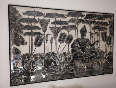 null « Scène de glorification » en papier : empreinte à encre noire, Cambodge, XXème...