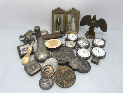 null Set of ten medals, seven pocket watches (some silver), some salt or scent bottles,...