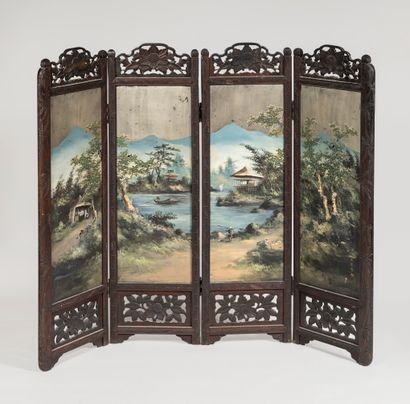 null JAPAN vintage
Screen with four leaves framed with carved wood and openwork of...