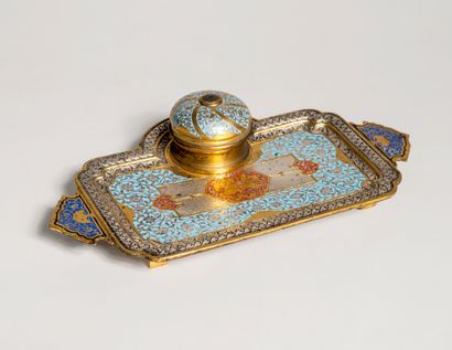 null Gilt bronze and cloisonné enamel inkwell decorated with interlacing flowers....