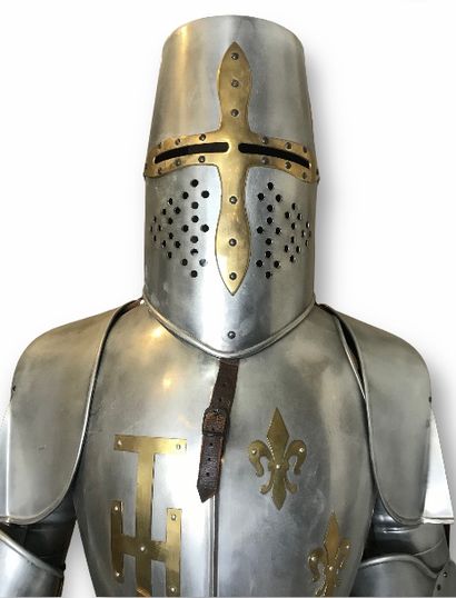 null Metal knight's armor decorated with fleur-de-lis with spear and shield with...