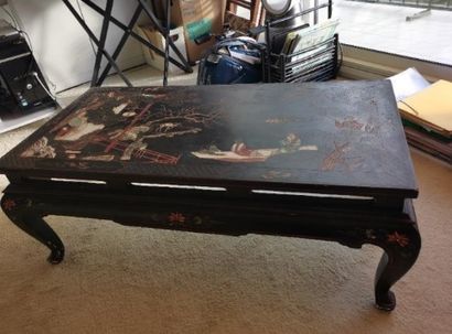 null Coffee table in black lacquered wood, colored highlight, Japanese style with...