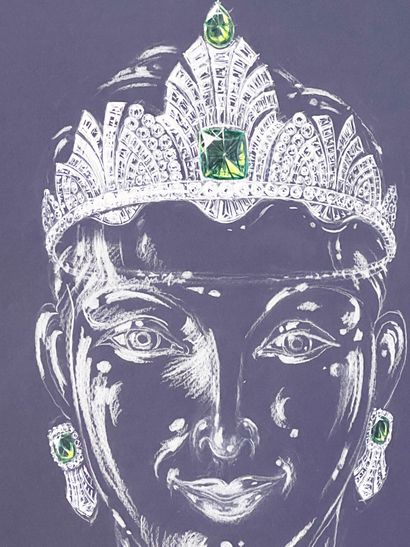 null Philippe DELOISON (XXth)
Drawing set, diamonds and emeralds
Gouache on blue...