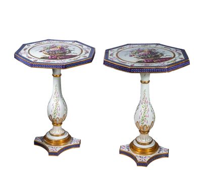 null Exceptional pair of porcelain pedestal tables with octagonal trays on a baluster...