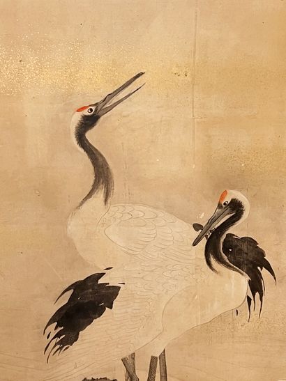 null JAPAN, 19th century
Two leaves screen with gouache decoration of cranes on a...