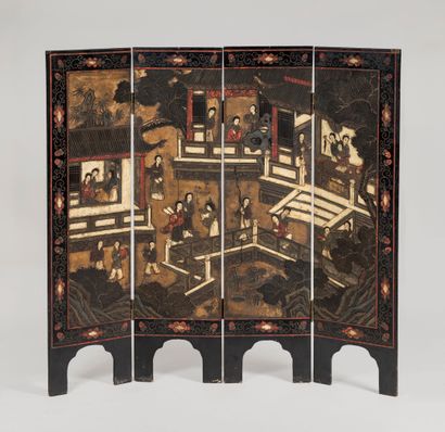 null JAPAN, 20th century
Four-leaf screen in Coromandel lacquer with polychrome decoration...