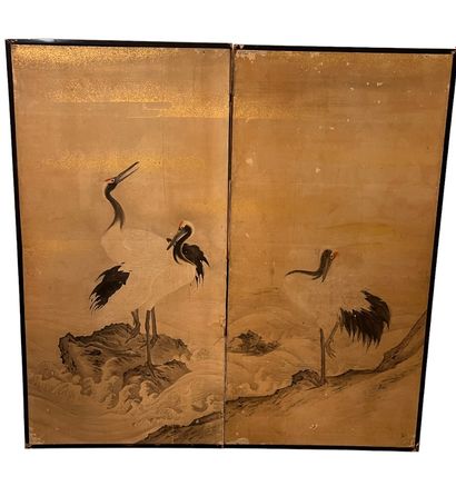 null JAPAN, 19th century
Two leaves screen with gouache decoration of cranes on a...