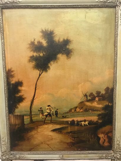 null Trumeau including an oil on canvas representing a hunting scene, FRENCH school...