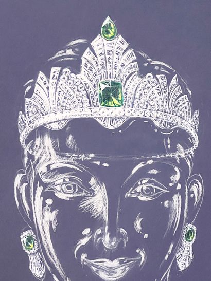 null Philippe DELOISON (XXth)
Drawing set, diamonds and emeralds
Gouache on blue...