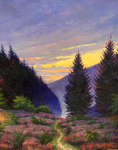 null Louis WILMET (1881-1965)
Coucher de soleil sur un paysage de montagne 
Huile...