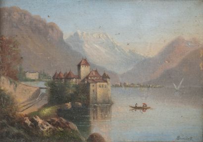 null French school of the 19th century
Castle and pagoda. 
Oil on canvas signed Bernard
12,5...