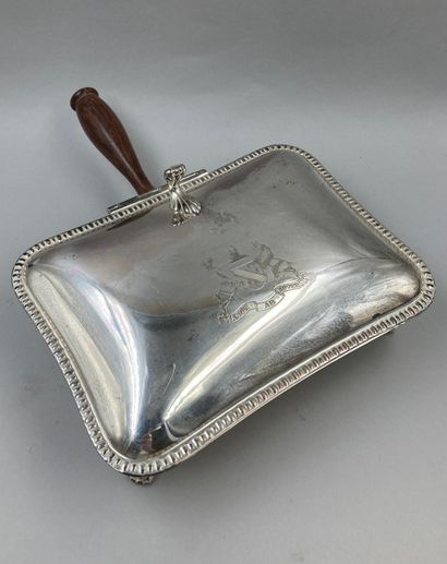 null Silver plated metal crumb collector, decorated with a coat of arms and a motto,...