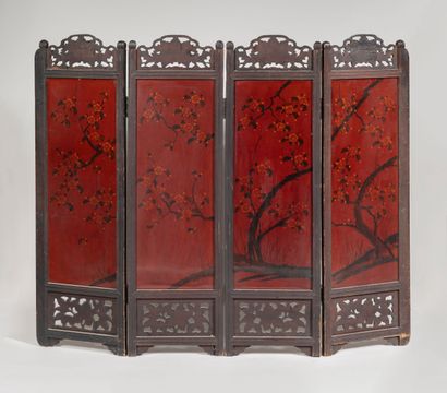 null JAPAN vintage
Screen with four leaves framed with carved wood and openwork of...