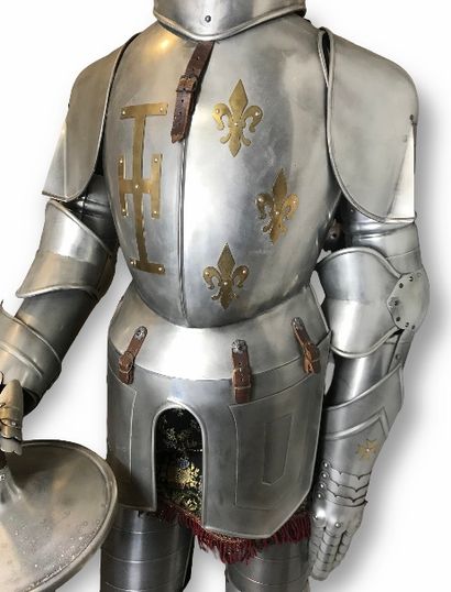 null Metal knight's armor decorated with fleur-de-lis with spear and shield with...