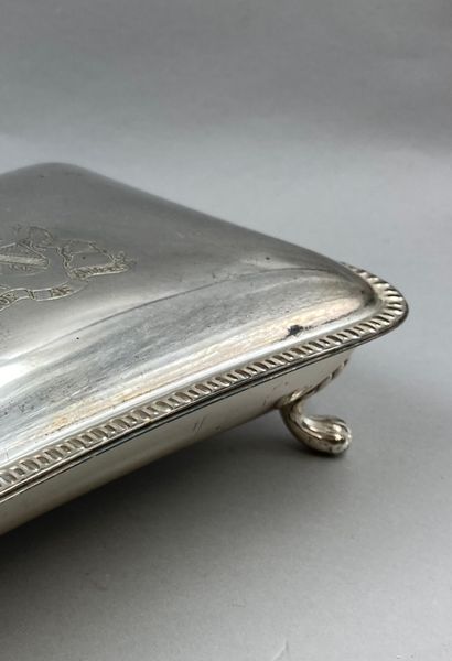 null Silver plated metal crumb collector, decorated with a coat of arms and a motto,...