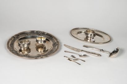 null Silver lot including:
- Two round and oval trays, three saltcellars with small...