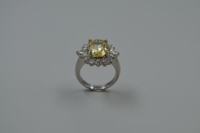 null Platinum daisy ring set with an oval yellow sapphire of 8cts in a diamond setting...