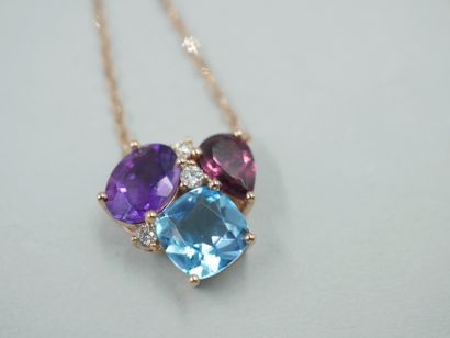 null Necklace in 18k pink gold set with a cushion-cut blue topaz, an oval amethyst...