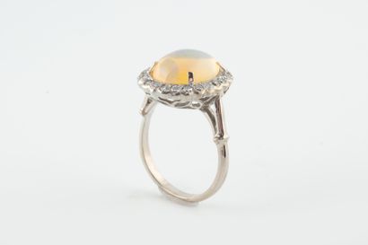 null Bague en or blanc 18k griffée d'une opale ovale dans un entourage de diamants....